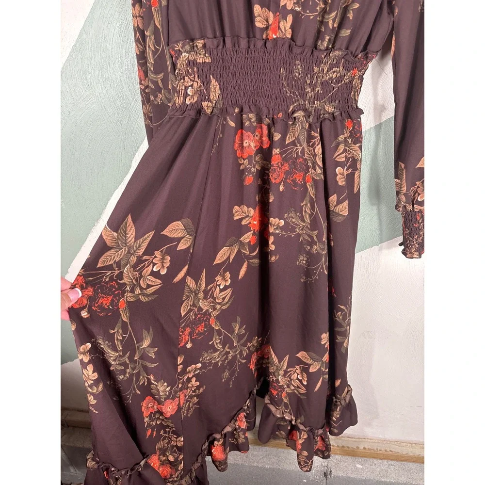 H&M Women's Size 6 Floral Smocked Brown Long Sleeve Ruffle Hem Boho Maxi Dress - Picture 9 of 13